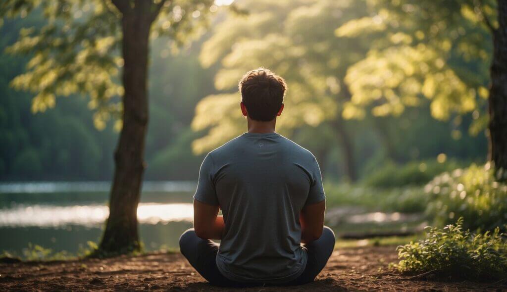 A person sitting in a tranquil setting, surrounded by nature. Deep breathing, meditation, and exercise are depicted as ways to manage stress and improve mental health