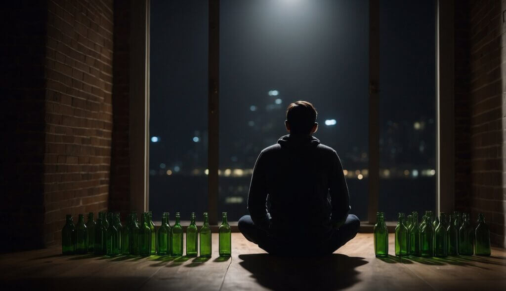 A person sits alone in a dimly lit room, surrounded by empty bottles. Their face is obscured, conveying a sense of despair and isolation