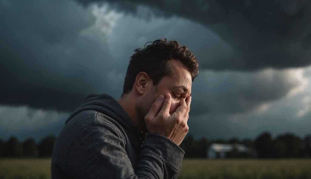 A person clutching their head in pain, while a storm cloud looms overhead, symbolizing the impact of mental illness on physical health