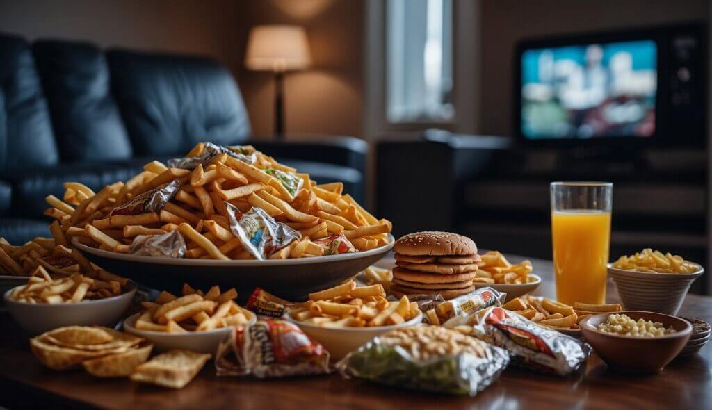 A table piled high with unhealthy food, empty wrappers, and a person slumped in front of a TV