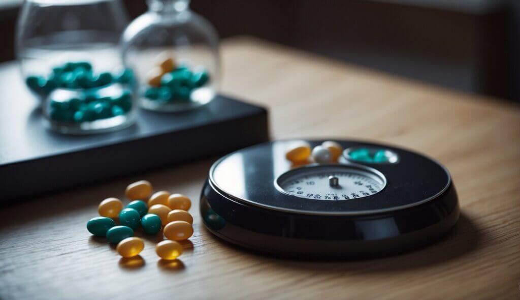 A scale with pills scattered around, representing the impact of psychiatric medications on weight and the connection between mental illness and physical health