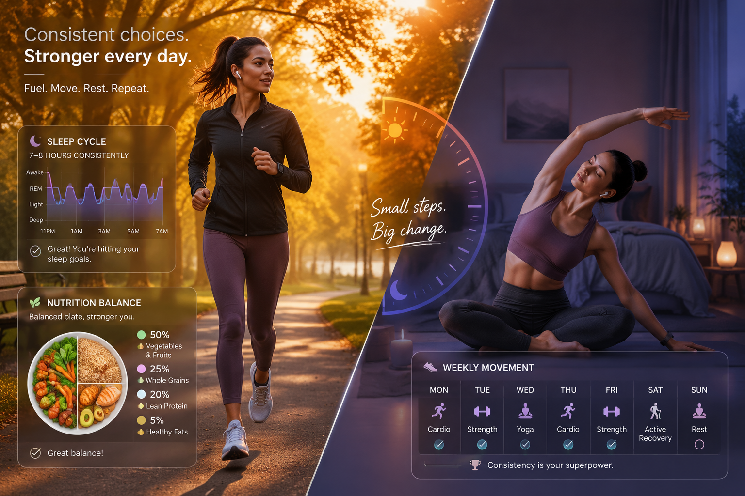 () conceptual illustration showing person in athletic wear mid-stride on morning jog through tree-lined park path, wearing