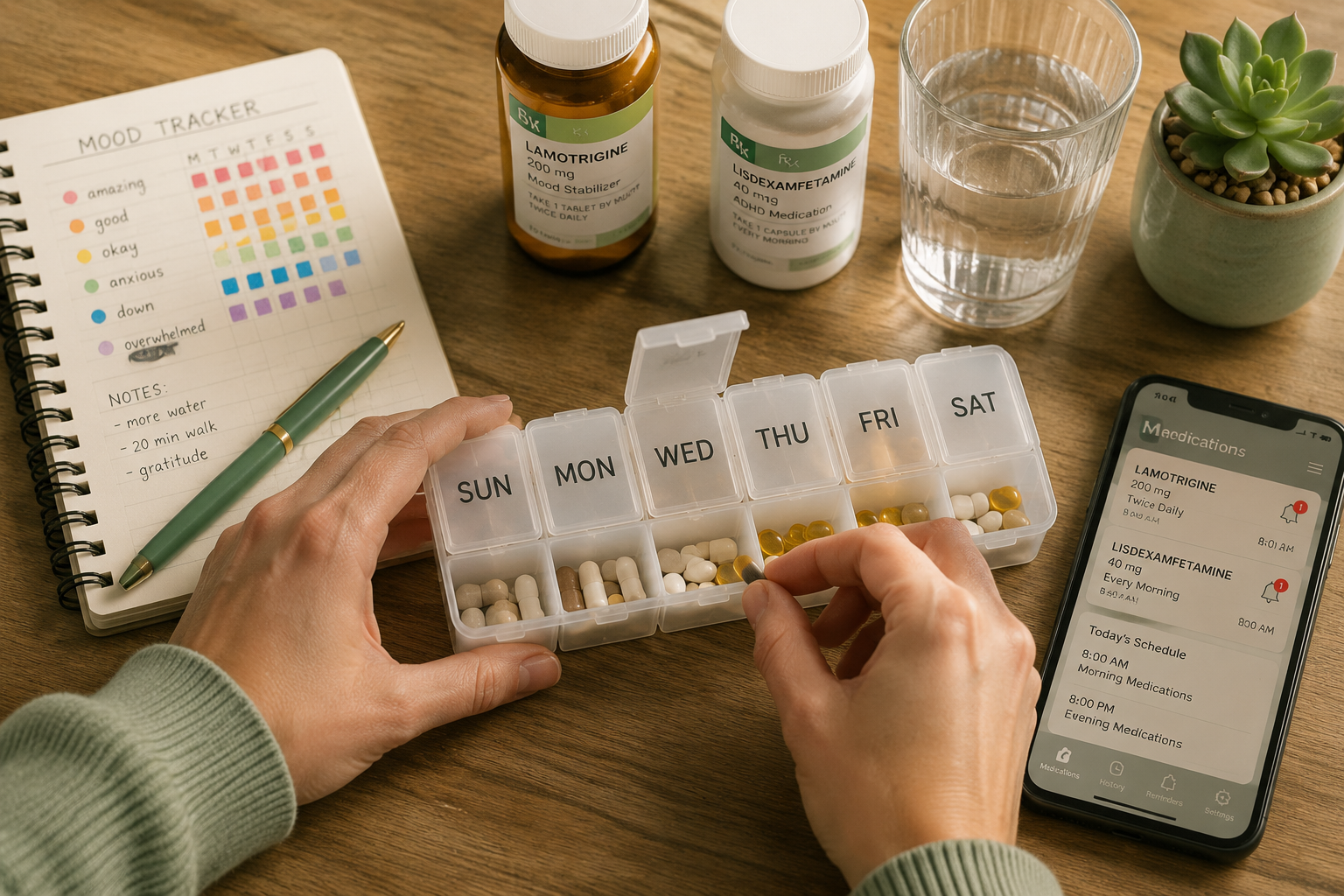 () editorial image showing close-up overhead view of hands organizing weekly pill organizer with multiple compartments,