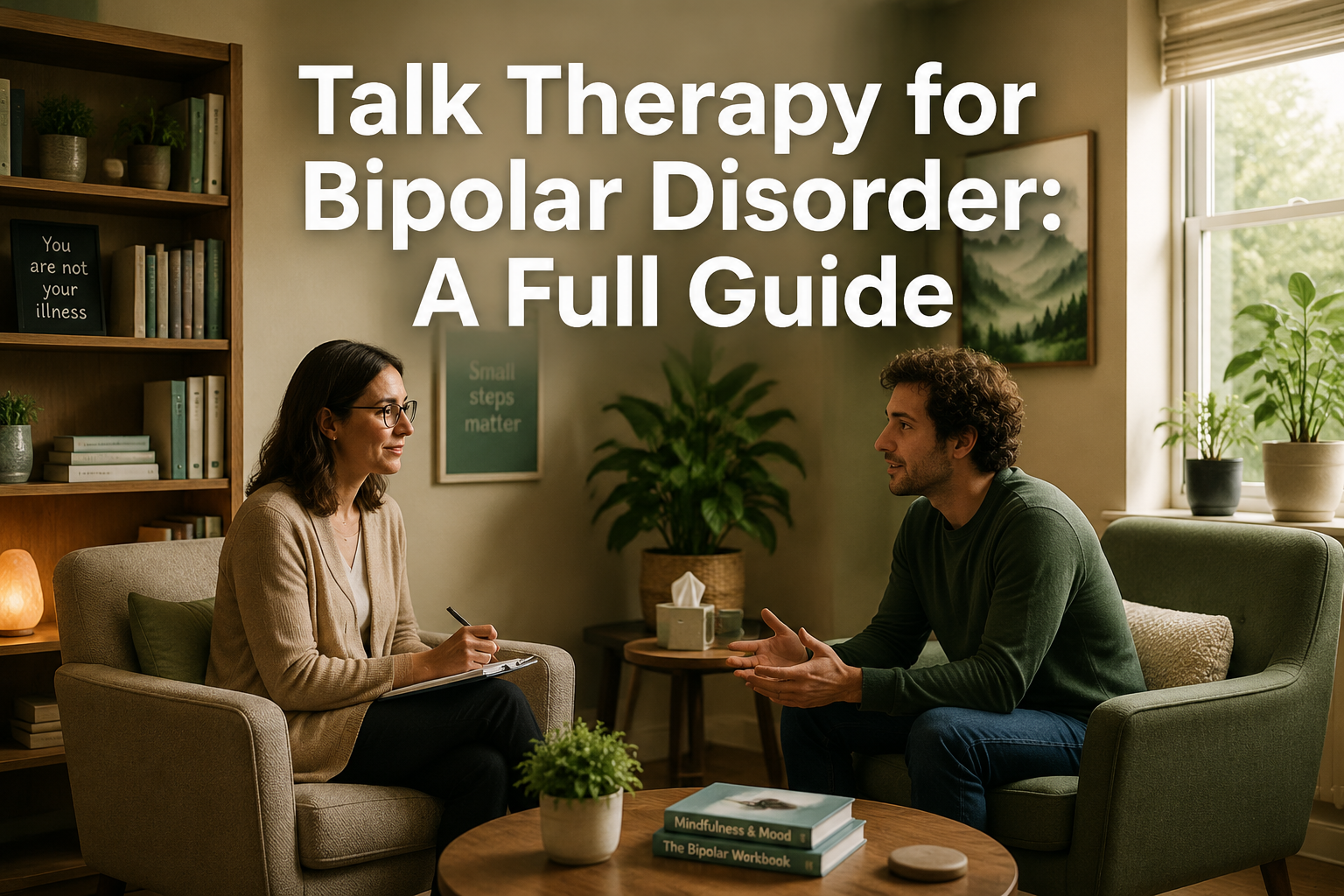 Woman therapist talks with a male patient about bipolar disorder