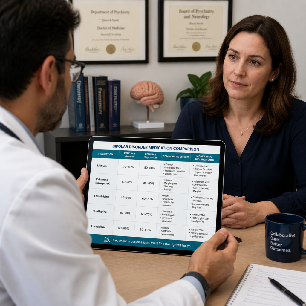 Doctor discusses bipolar disorder medication comparison chart with patient.