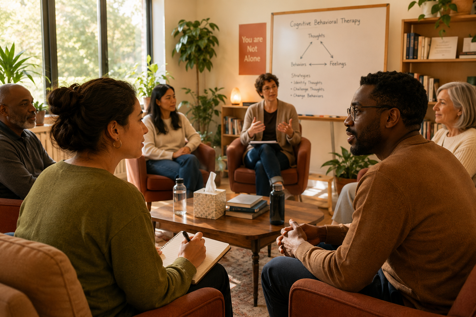 () warm, intimate scene showing diverse support group circle of 5-6 adults sitting in comfortable chairs in bright,