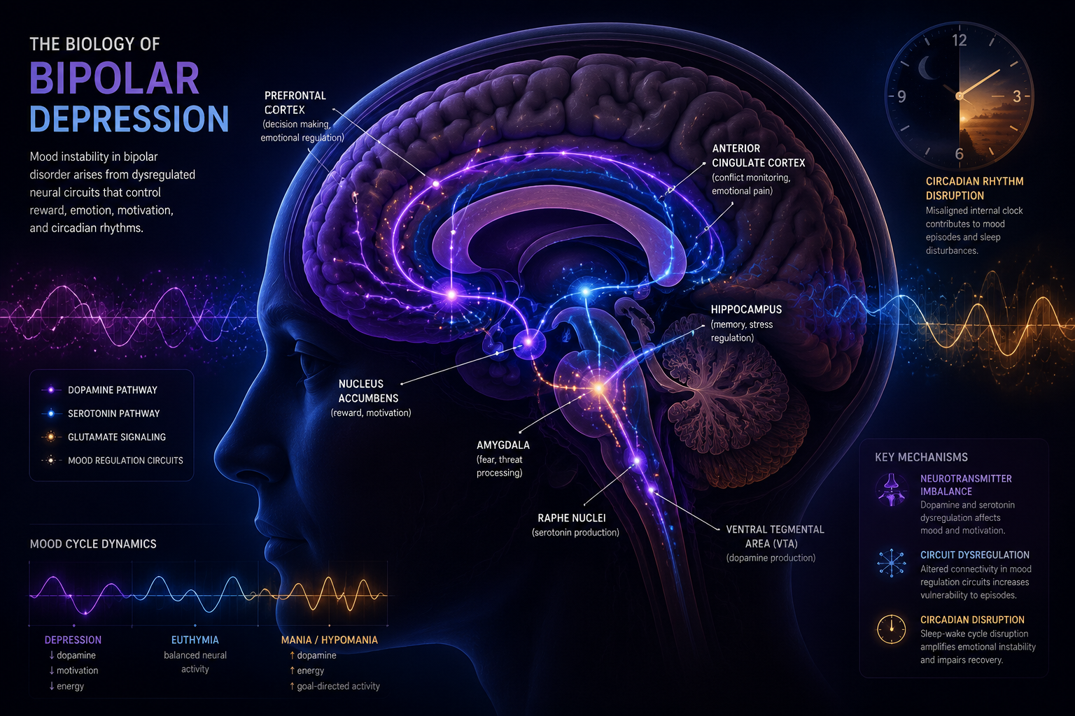 () editorial illustration showing a cross-section view of a human brain with highlighted regions in deep purple and blue,