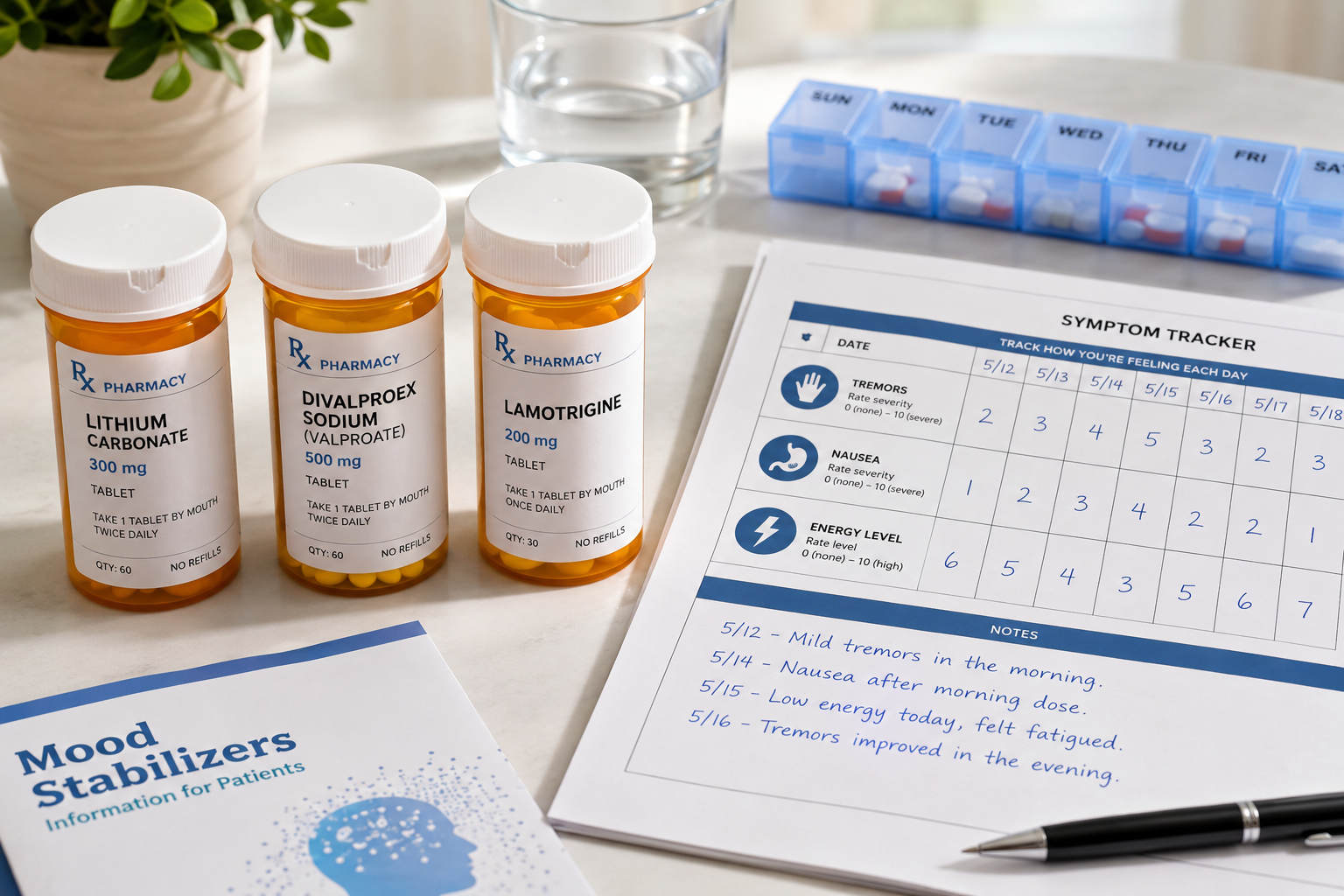 () editorial image showing a split-screen composition: left side displays three distinct prescription bottles labeled with