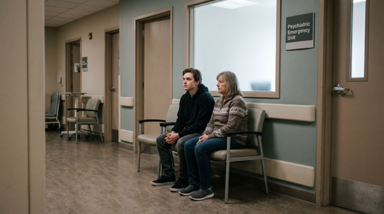 A Quiet Hospital Corridor Outside A Psychiatric Emergency Unit