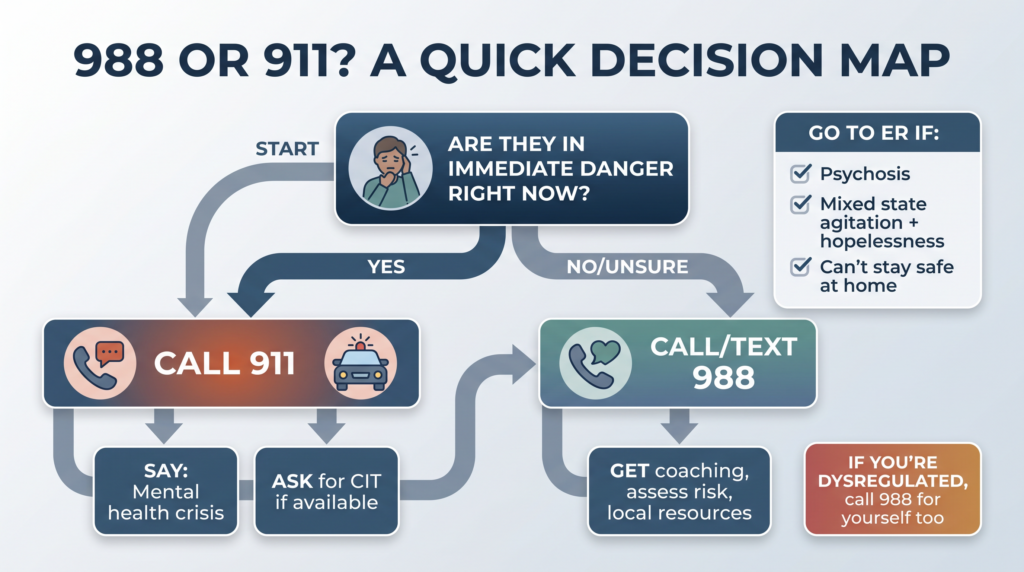 Decision map for 988 or 911: Call 911 for immediate danger, 988 for mental health crisis.