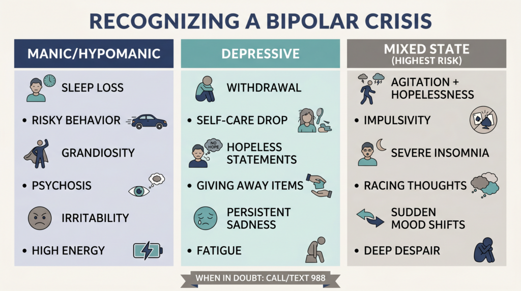 Infographic: Recognizing a bipolar crisis with symptoms for manic, depressive, and mixed states.