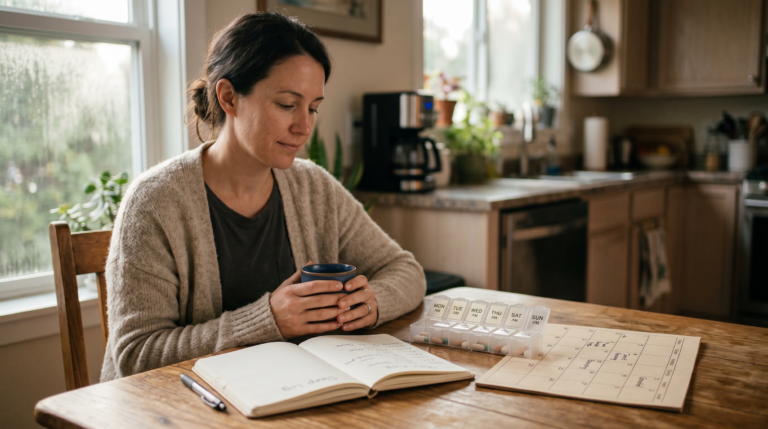 Woman with pill organizer and journal at kitchen table