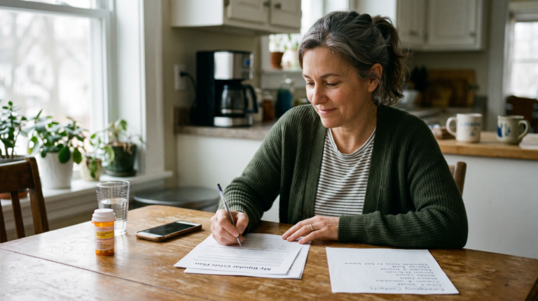 Woman writing in a notebook at a kitchen table with medication and phone