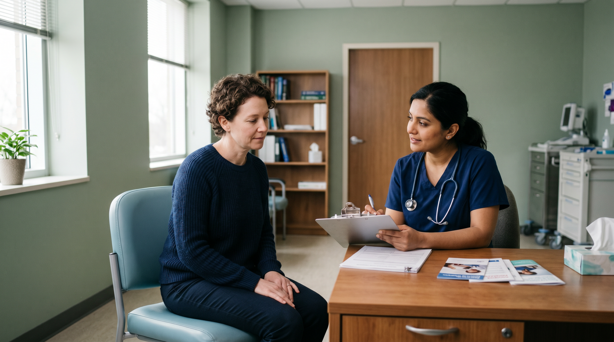 Doctor discusses patient's health on clipboard in examination room.