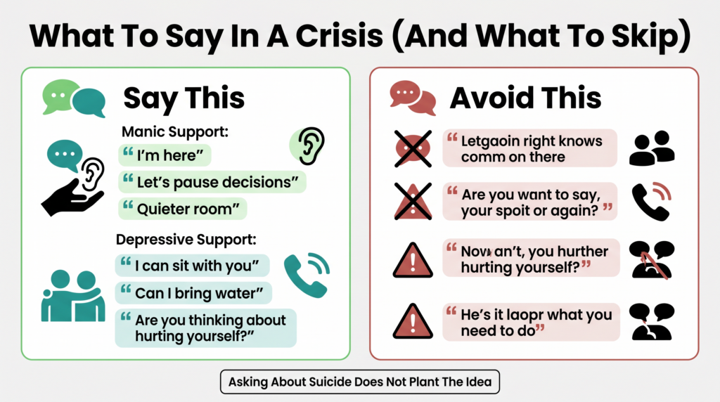 What to say in a crisis: Say This vs. Avoid This for manic and depressive support.