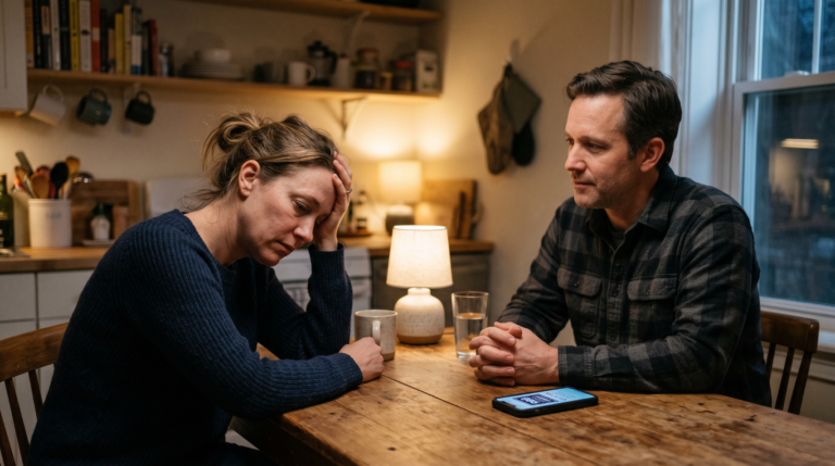 Couple looking at a phone on a kitchen table, appearing troubled.