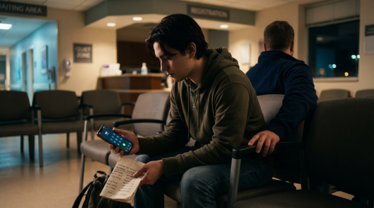 Young man in waiting room checks phone and list, another man behind him.