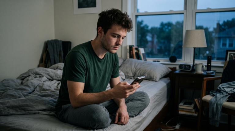 Young man sitting on a bed looking at his phone in a dimly lit room.