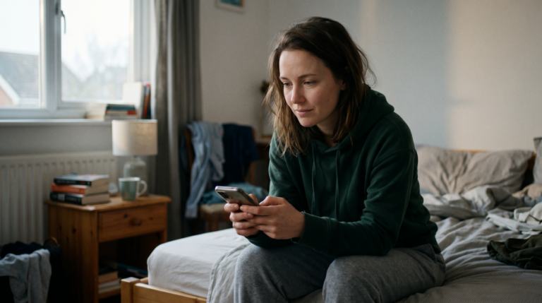Woman in hoodie sitting on bed looking at phone
