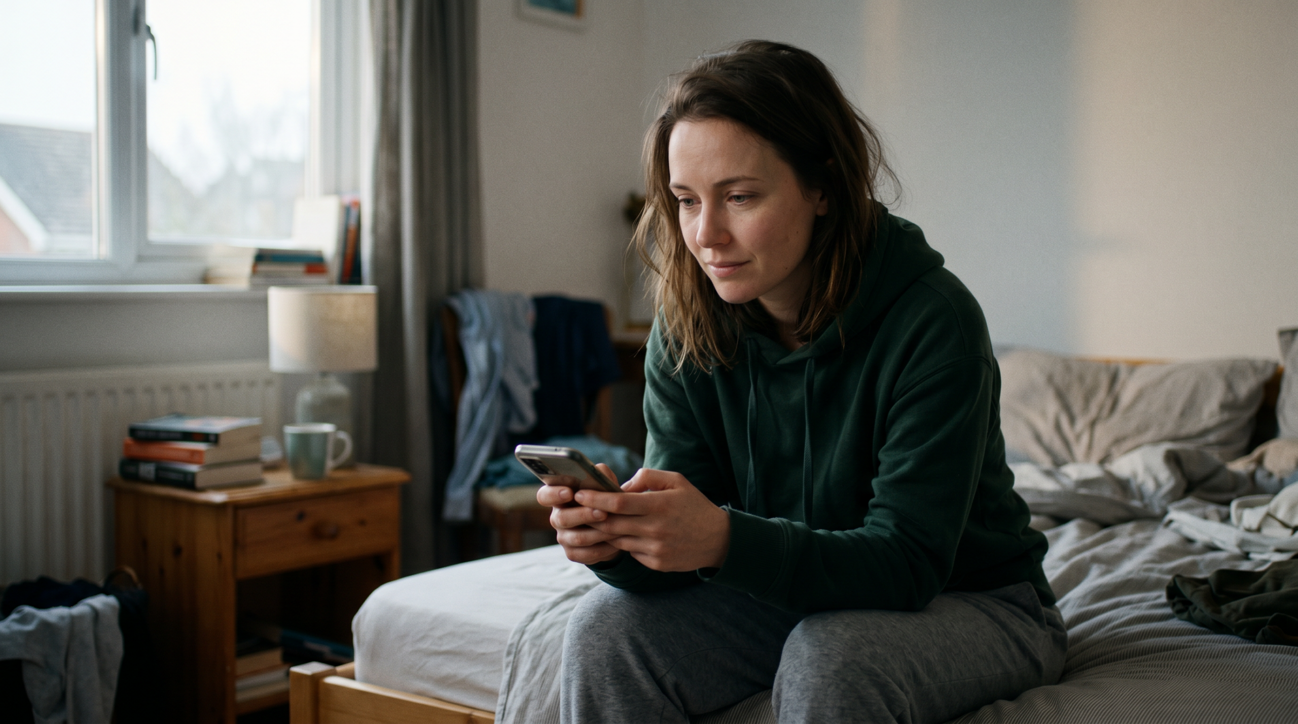 Woman in hoodie sitting on bed looking at phone